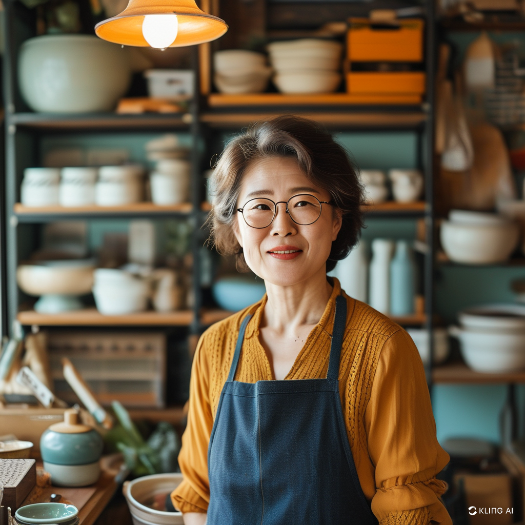 중년 여성 창업자가 아늑한 작업공간에서 미소 짓고 있는 모습