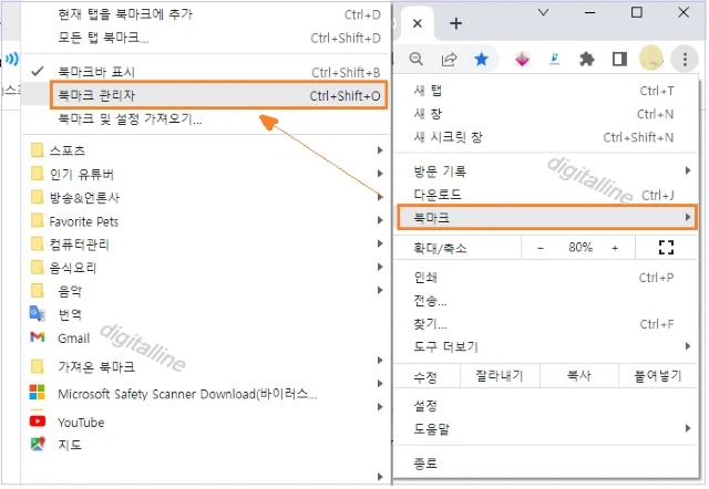 더보기 - 북마크 - 북마크 관리자를 클릭합니다.