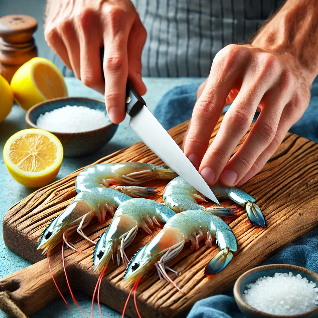 2️⃣ 새우 손질 및 밑간하기
새우는 껍질과 내장을 제거한 후 흐르는 물에 깨끗이 씻어주세요.
키친타월로 물기를 제거한 후, 소금, 후추, 레몬즙 1작은술을 뿌려 5분 정도 재워둡니다.
