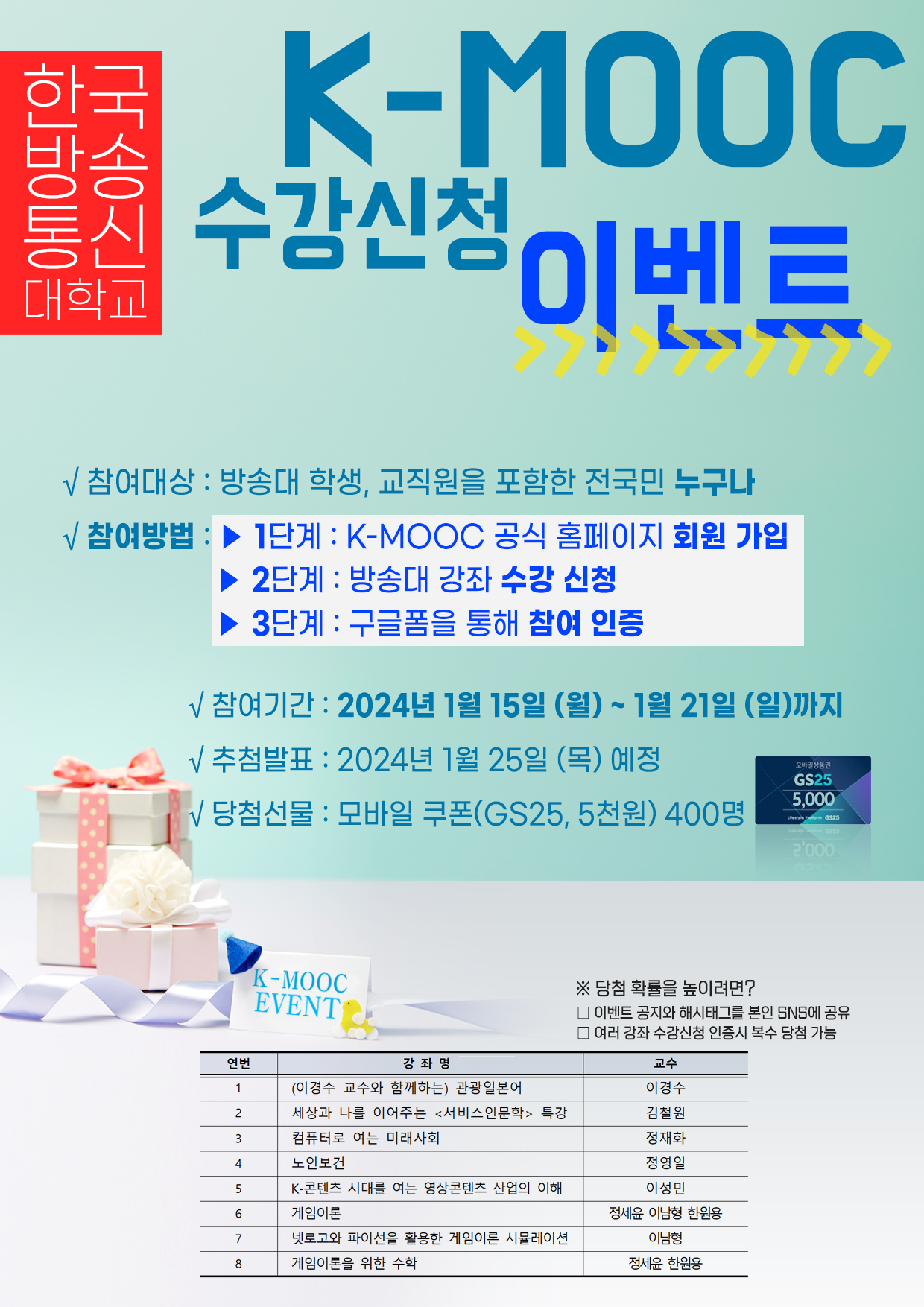 한국방송통신대학교 K-MOOC 수강신청 이벤트