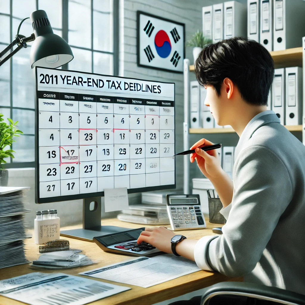 컴퓨터 화면과 달력을 확인하며 연말정산 기한을 준비하는 직장인