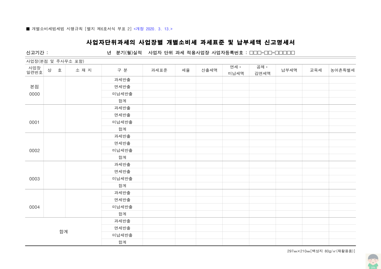 과세물품 과세표준(정기&#44; 수정&#44; 기한후) 신고서&#44; 과세물품 총판매(반출) 명세서&#44; 사업자단위과세의 사업장별 개별소비세 과세표준 및 납부세액 신고명세서&#44; 제품출납 상황표