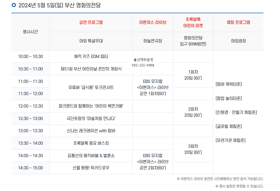 부산어린이날큰잔치 공연일정