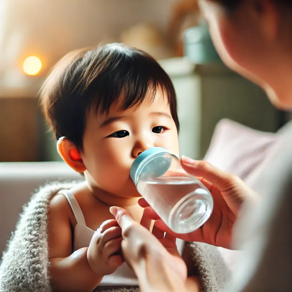 물을 마시며 수분을 보충하는 아기. 발열 시 수분 섭취의 중요성을 강조하는 육아 장면