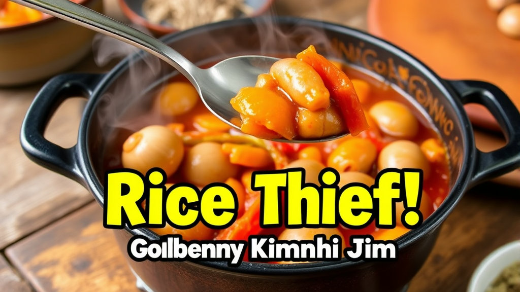 A pot of spicy Golbaengi Kimchi Jjim (Braised Sea Snails and Kimchi) simmering with reduced sauce, with a spoon scooping up kimchi and sea snails together. "Rice Thief! Golbaengi Kimchi Jjim" text overlay.