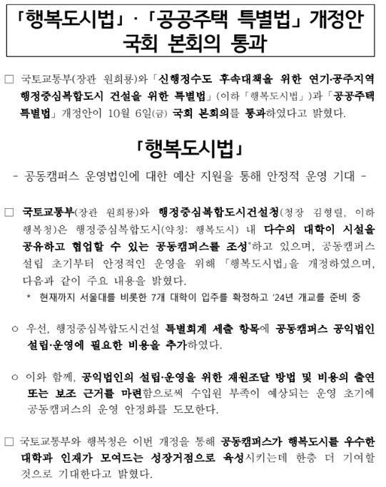  「행복도시법」·「공공주택 특별법」 개정안 국회 본회의 통과