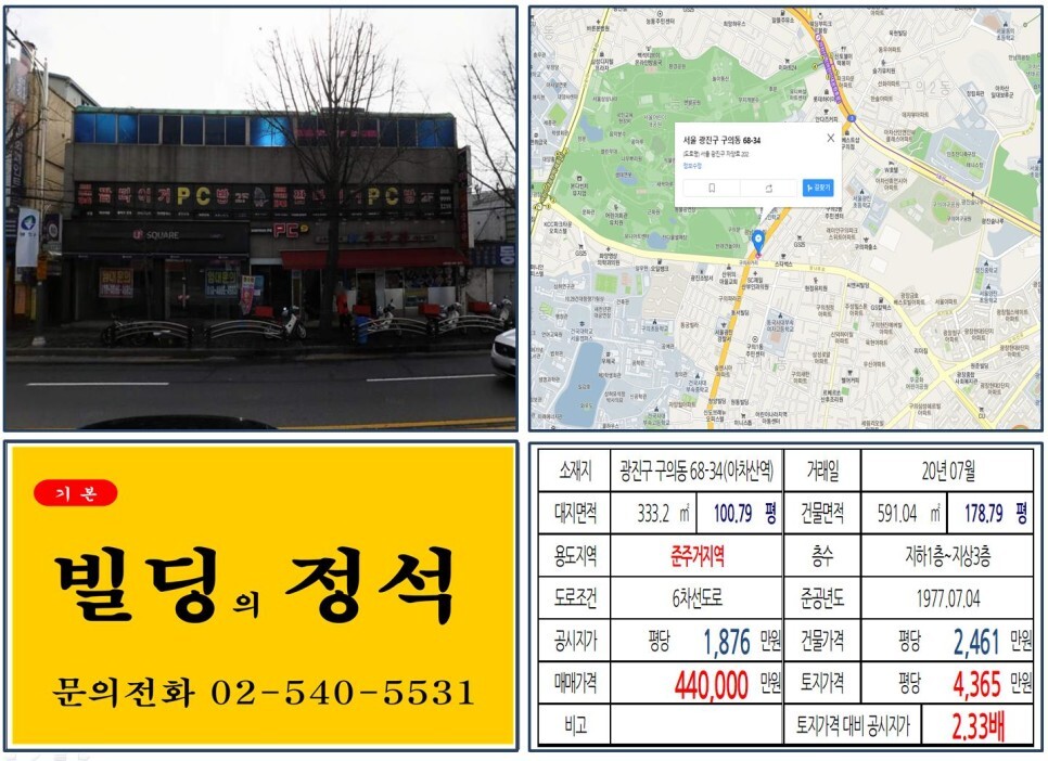  [광진구 구의사거리 준주거 40억 꼬마빌딩 실거래가 조회] 구의동 68-34 (아차산역) 44억 원, 평당 4,365만 원 매매되었습니다. 어린