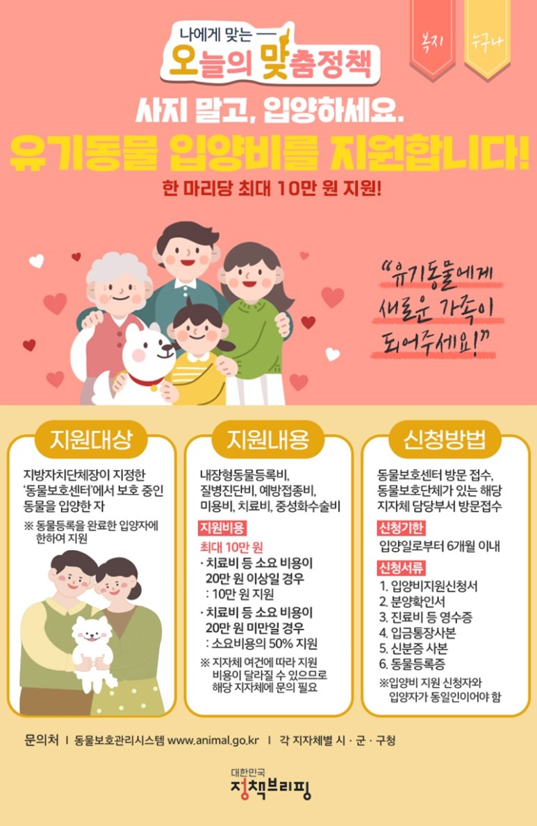  [문화체육관광부 국민소통실] “사지 말고 입양하세요” …유실·유기동물 입양비 지원(유기동물 입양시 입양비 지원)