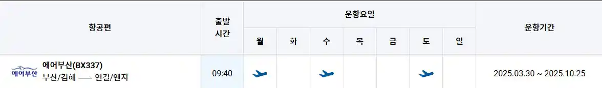 부산 연길 비행기 시간표