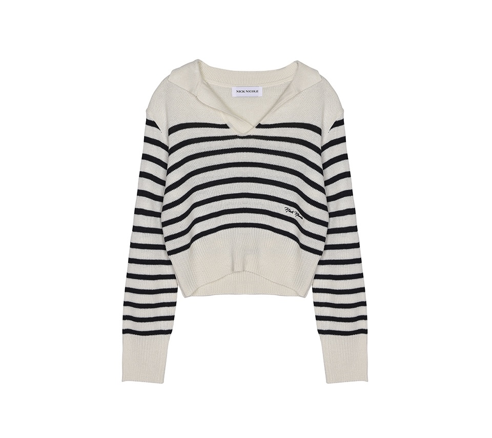  OPEN COLLAR STRIPE SWEATER_LIGHT BEIGE