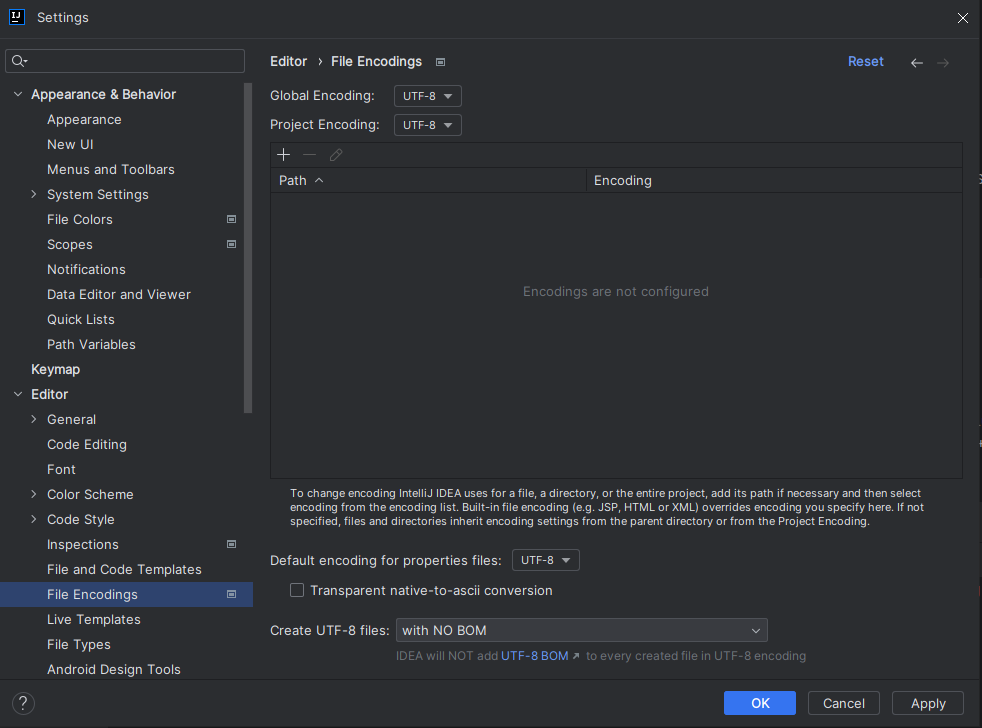 Settings : [Editor] &gt; File Encodings