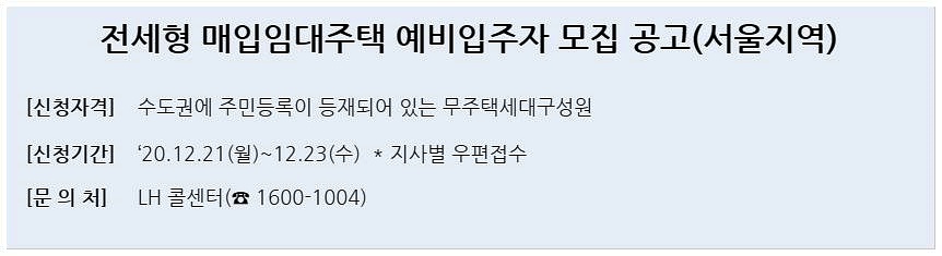  서울 전세형 매입임대주택 예비입주자 모집 12월21~23일까지!