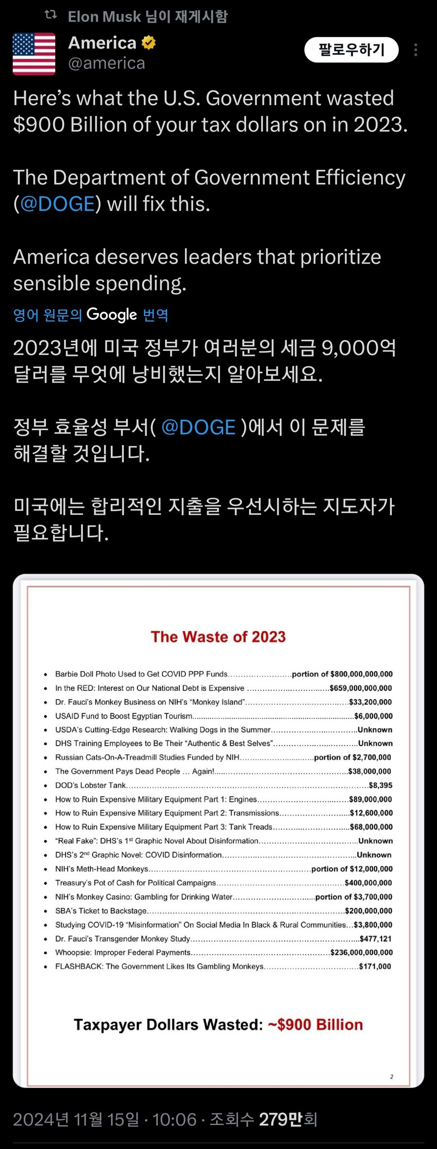Elon Musk 님이 재게시함
America @america
팔로우하기
Here's what the U.S. Government wasted $900 Billion of your tax dollars on in 2023.
The Department of Government Efficiency (@DOGE) will fix this.
America deserves leaders that prioritize sensible spending.
영어 원문의 Google 번역
2023년에 미국 정부가 여러분의 세금 9,000억 달러를 무엇에 낭비했는지 알아보세요.
정부 효율성 부서(@DOGE)에서 이 문제를 해결할 것입니다.
미국에는 합리적인 지출을 우선시하는 지도자가 필요합니다.
The Waste of 2023
Barbie Doll Photo Used to Get COVID PPP Funds
RED: Interest on Our National Debt is Expensive
Fauci's Monkey Business on NIH's &quot;Monkey Island&quot;
USAID Fund to Boost Egyptian Tourism.
USDA's Cuting-Edge Research. Walking Dogs in the Summer
DHS Training Employees to Be The &quot;Authentic &amp; Best Selves&quot;
Russian Cats-On-A-Treadmill Studies Funded by NIH
The Goverment Pays Dead People... Again!.
DOD's Lobster Tank.
portion of $800,000,000,000
$650,000,000,000
$33,200,000
56.000.000
Unknown
Unknown
portion of $2,700,000
$38.000.000
$8,395
How to Ruin Expensive Mitary Equipment Part 1 Engines
389,000,000
How to Ruin Expensive Mätary Equipment Part 2: Trananisskne
$12,600,000
How to Ruin Expensive Mälary Equipment Part 3: Tank Treads. &quot;Real Fake&quot; DHS's 1 Graphic Novel About Disinformation
568,000,000
Unknown
DHS's 2 Graphic Novel: COVIO Disinformation Unknown
M's Meth-Head Monkeys portion of $12,000,000
Treasury's Pot of Cash for Poltical Campagne.
NIH's Monkey Casino Gambling for Drinking Water
portion of $3,700,000
SBA's Ticket to Backstage. Studying COVI-10 Minformation On Social Media in Black &amp; Rural Communes $3,800,000
Dr. Fauci's Transgender Monkey Stusly 3477,121
Whoopsie Improper Federal Payments. $238,000,000,000
FLASHBACK: The Govemment Like a Gambling Moriseys 1171,000
Taxpayer Dollars Wasted: -$900 Billion
2024년 11월 15일 10:06 조회수 279만회