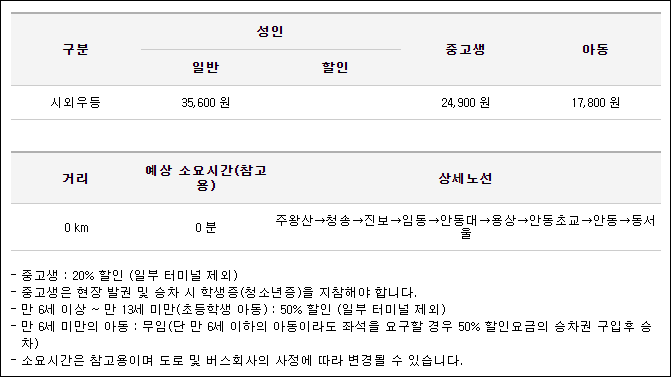 주왕산에서 동서울터미널 고속버스 시간표, 요금, 예매 주왕산에서 동서울터미널 고속버스 시간표, 요금, 예매