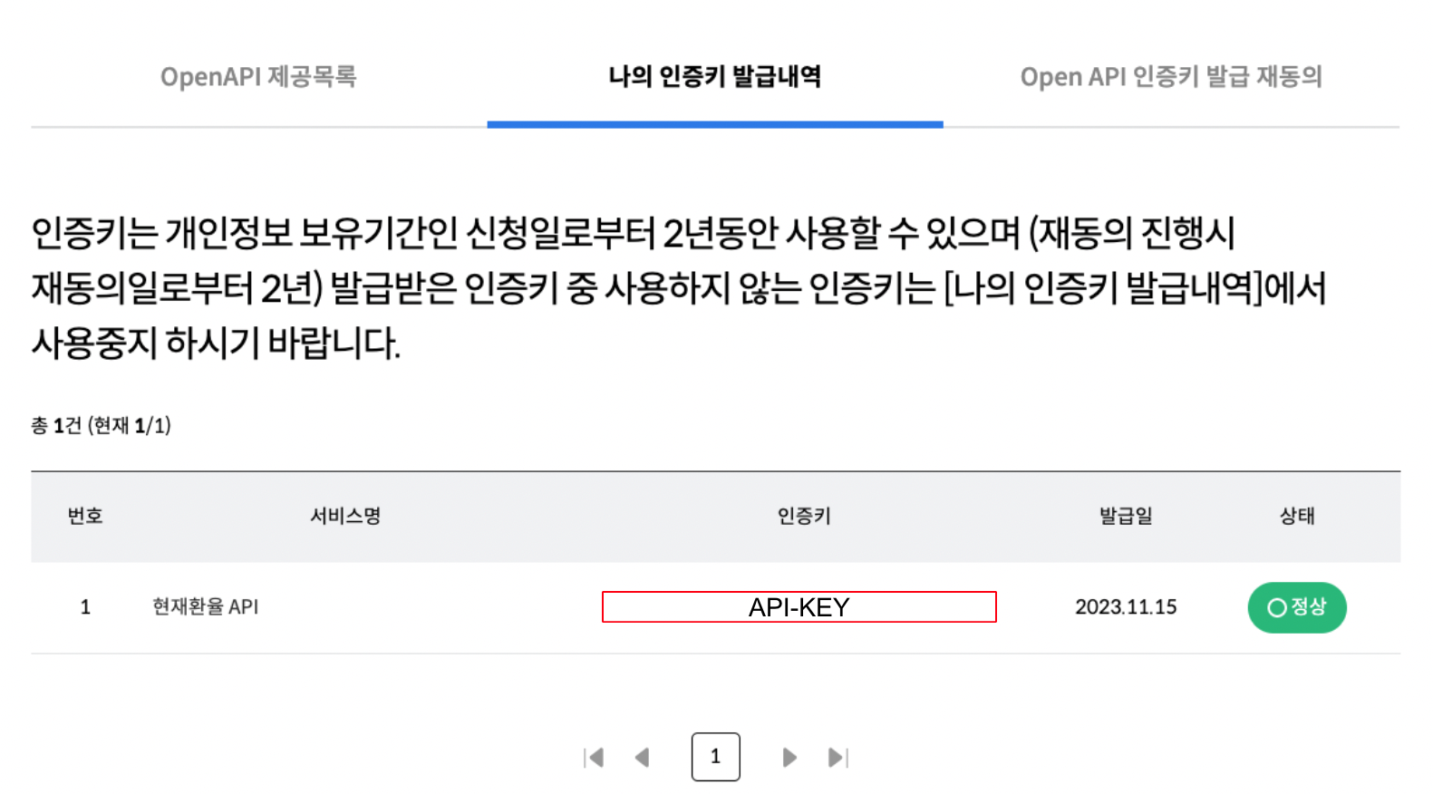 나의 인증키 발급내역