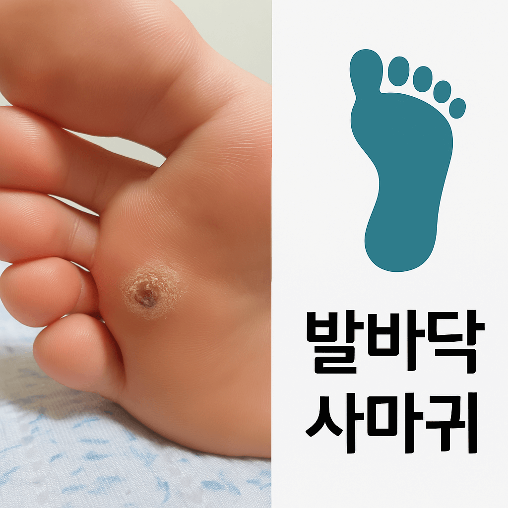 이미지에는 발바닥에 사마귀가 있는 모습이 보이며, 오른쪽에는 푸른색 발바닥 아이콘과 함께 &quot;발바닥 사마귀&quot;라는 한국어 문구가 적혀 있습니다.

설명글:
이 이미지는 발바닥에 생긴 바이러스성 사마귀를 보여줍니다. 발바닥 사마귀는 사람 유두종 바이러스(HPV)에 의해 발생하며, 단단하고 거칠며 중심에 검은 점이 있을 수 있습니다. 보통 통증을 유발하며 걷거나 설 때 불편함을 줄 수 있습니다. 조기 치료가 중요하며, 냉동 요법, 레이저 치료 또는 약물 치료로 제거할 수 있습니다.