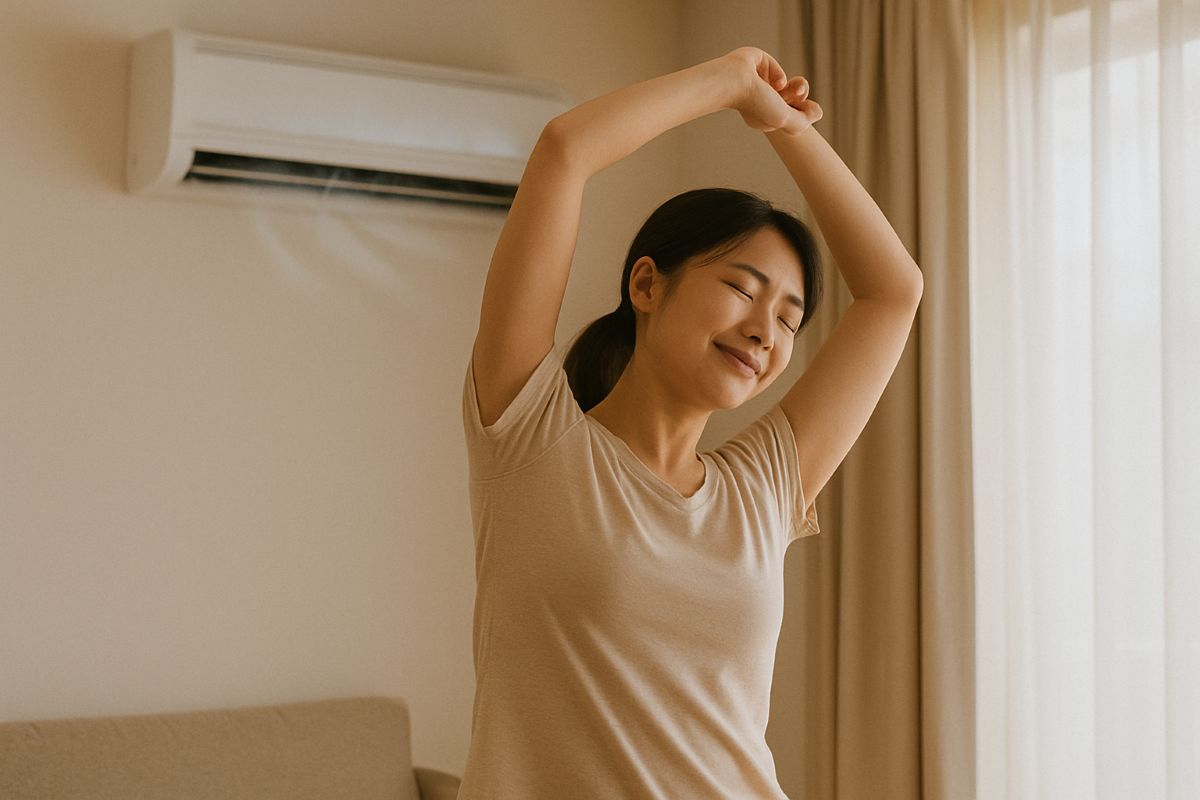 에어컨 바람 아래에서 가벼운 스트레칭을 하는 여성