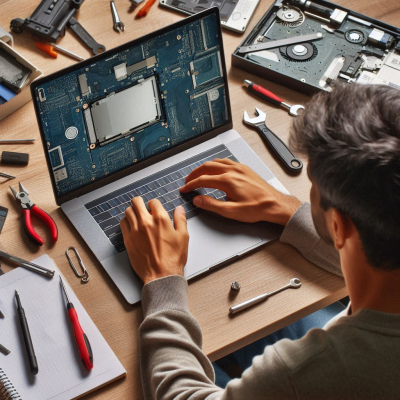 노트북 수리를 위해 부품을 살펴보는 남성