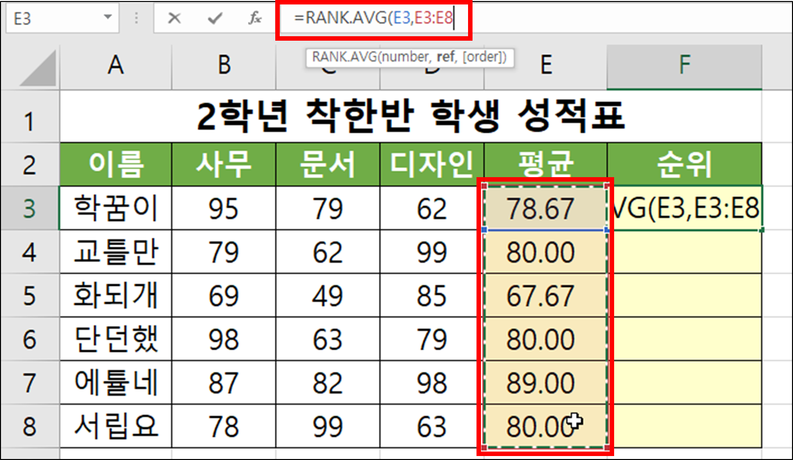 RANK.AVG(순위, 등수, 석차 구하기)-7