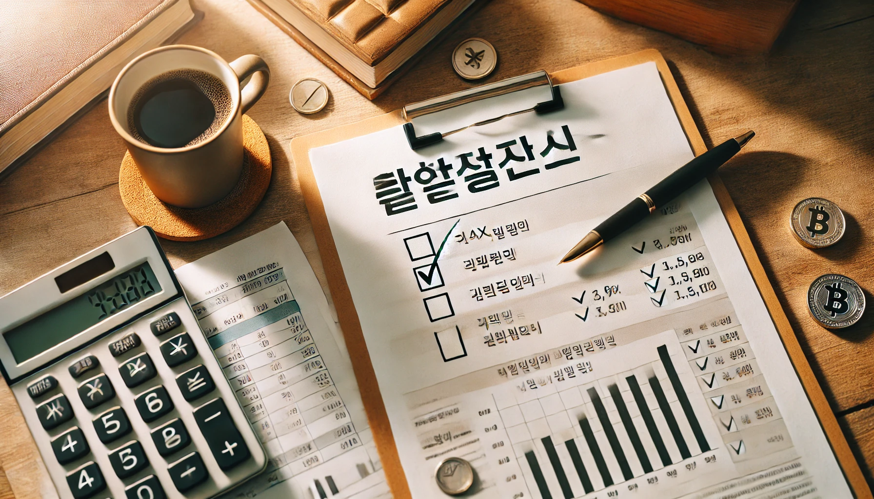 나무 책상 위에 절세 전략이라는 제목의 서류와 계산기, 펜, 커피잔이 놓여 있으며, 소득공제와 세액공제 항목에 체크 표시가 되어 있는 절세 관련 이미지
