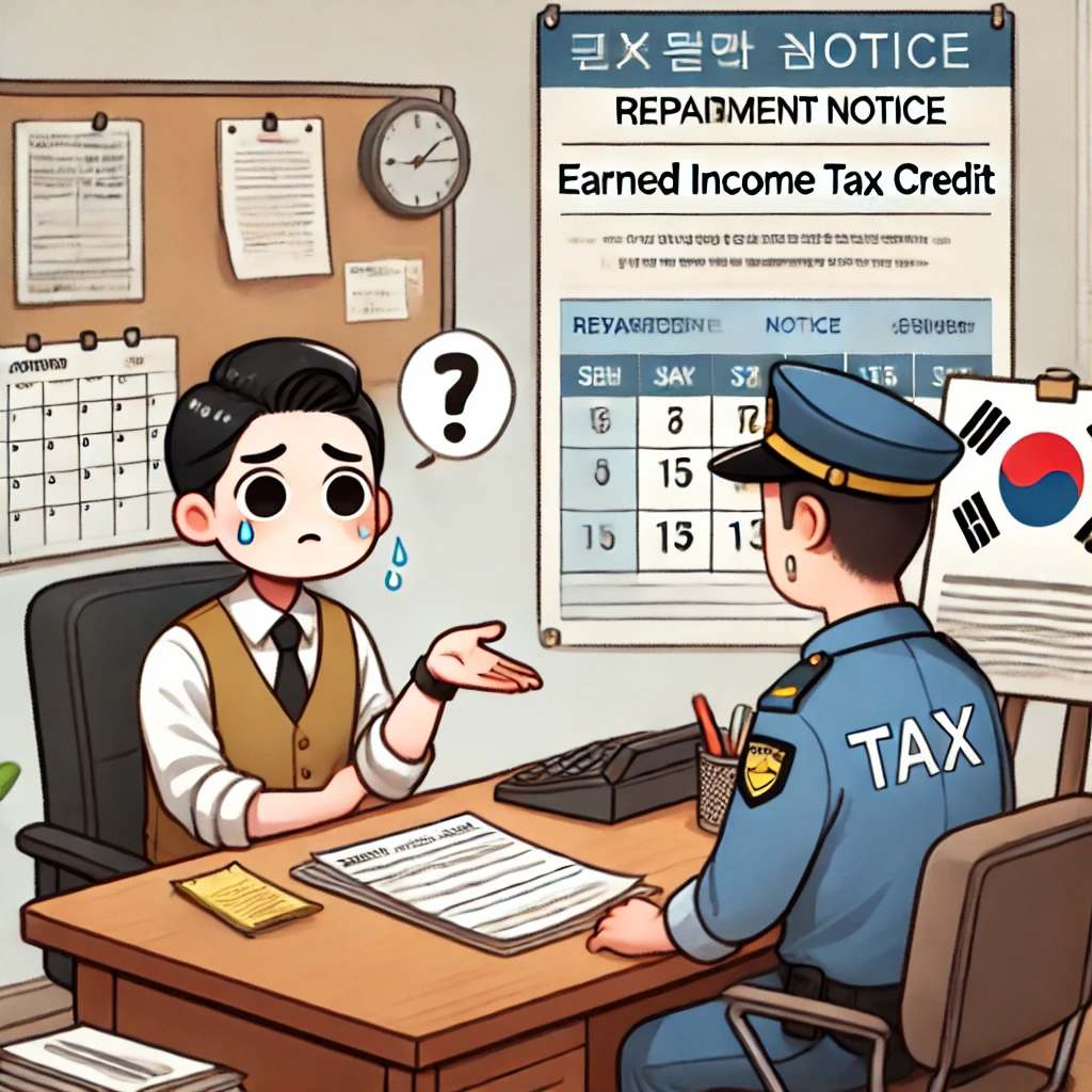 근로장려금 환수 안내를 받은 직장인과 세무공무원이 상담 중인 장면, 경고 차트와 달력이 배경에 있는 사무실