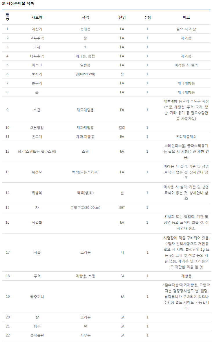 제빵기능사-지참준비물목록
