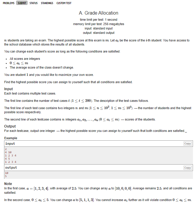  [Codeforces]  1316A: Grade Allocation