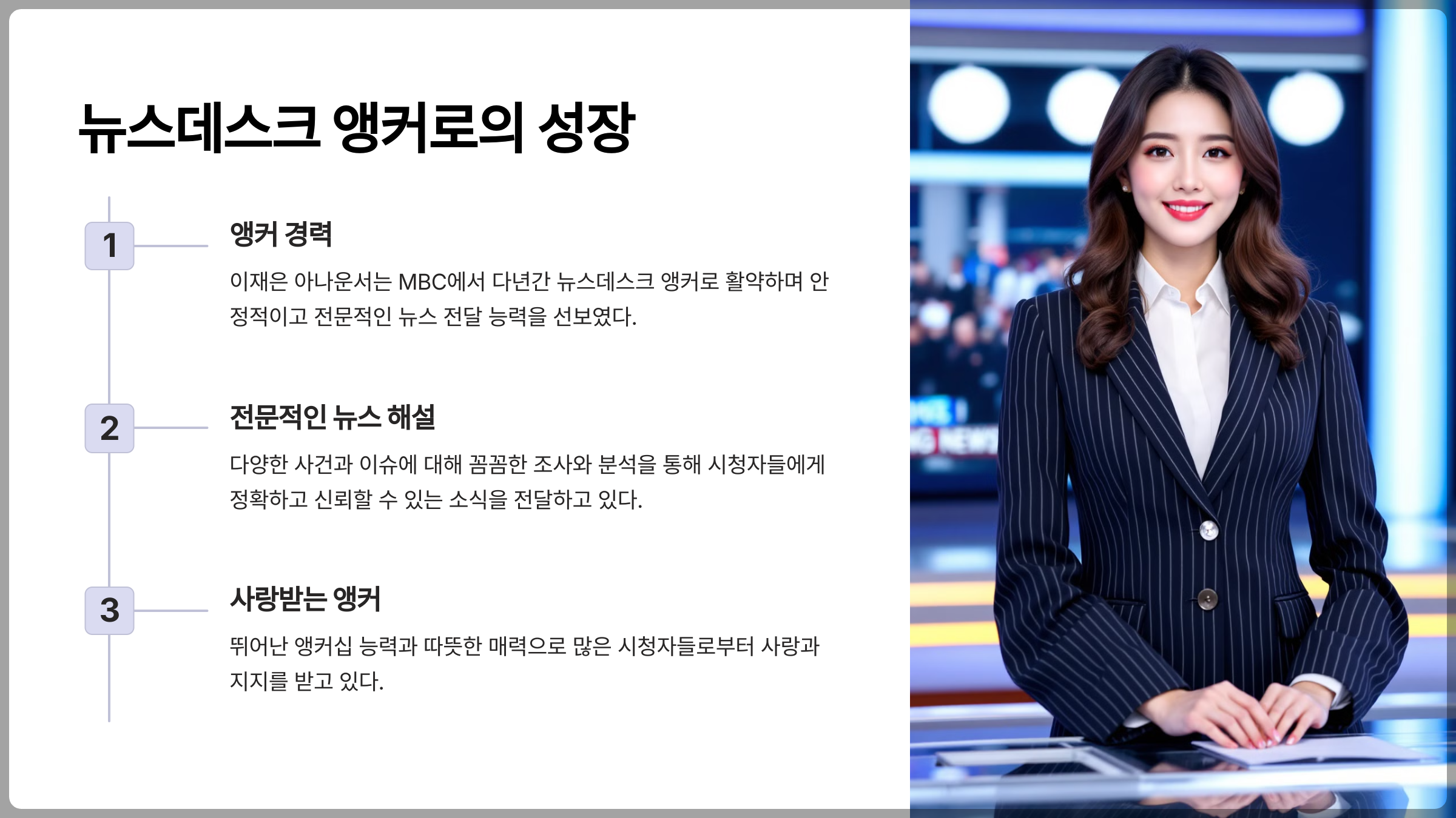 이재은 아나운서는 MBC에서 뉴스데스크 앵커로 성장한 경력