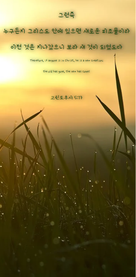고린도후서 5장17절 그런즉 누구든지그리스도 안에 있으면 새로운 피조물이라 이전 것은 지나갔으니 보라 새 것이 되었도다 고린도후서 5장17절 그런즉 누구든지그리스도 안에 있으면 새로운 피조물이라 이전 것은 지나갔으니 보라 새 것이 되었도다