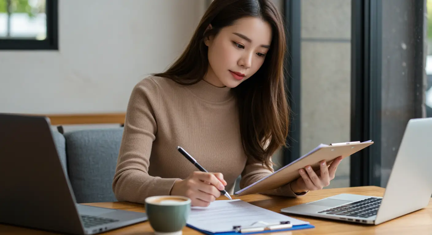젊은 한국여성이 체크리스트를보면서 서류를 검토하는 모습이다.