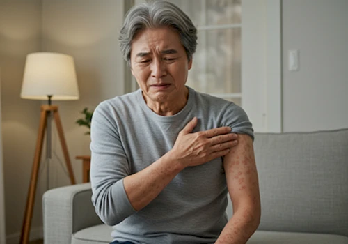 통증으로 불편해하며 몸 한쪽을 만지는 중년 또는 노년 한국인의 미디엄 샷 사진