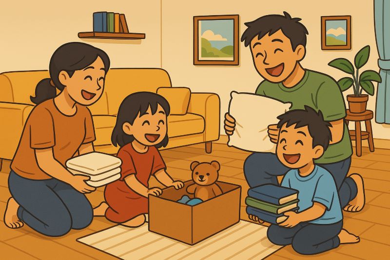 "온 가족이 함께 웃으며 집안을 정리하는 따뜻하고 행복한 순간"(AI생성)