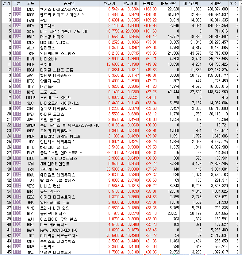 10월 22일 미국 주식 상승률 상위 종목 TOP 300