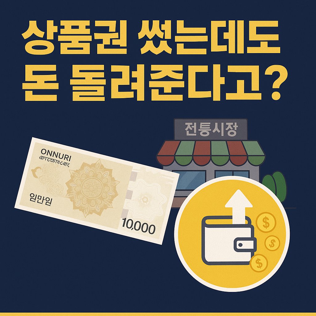 온누리상품권 캐시백 환급 혜택을 강조한 썸네일로, 전통시장 배경과 캐시백 아이콘, '상품권 썼는데도 돈 돌려준다고?' 문구가 포함된 디지털 일러스트 이미지