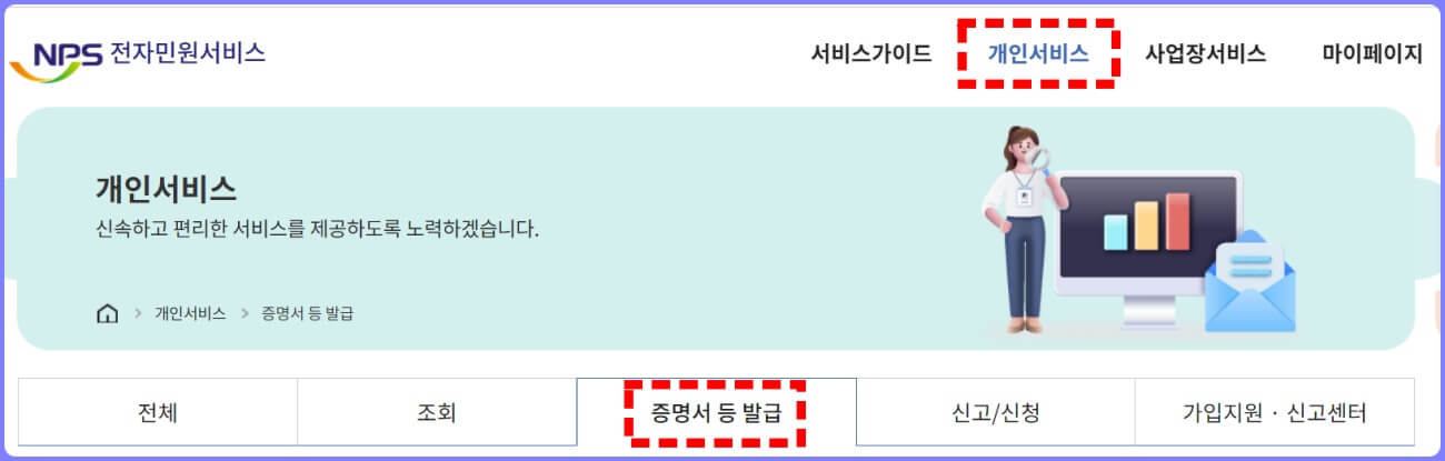 NPS 전자민원서비스 홈페이지 증명서 발급 메뉴