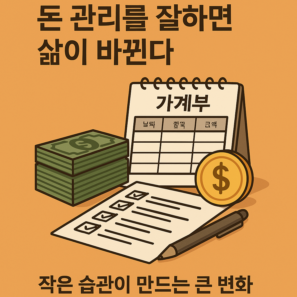 밝은 주황색 배경 위에 '돈 관리를 잘하면 삶이 바뀐다!'라는 한국어 텍스트가 강조된 일러스트. 주변에는 가계부, 돈다발, 동전, 체크리스트 등의 재정 관리 관련 아이콘이 배치되어 있으며, 깔끔한 평면 디자인과 활기찬 색감이 특징