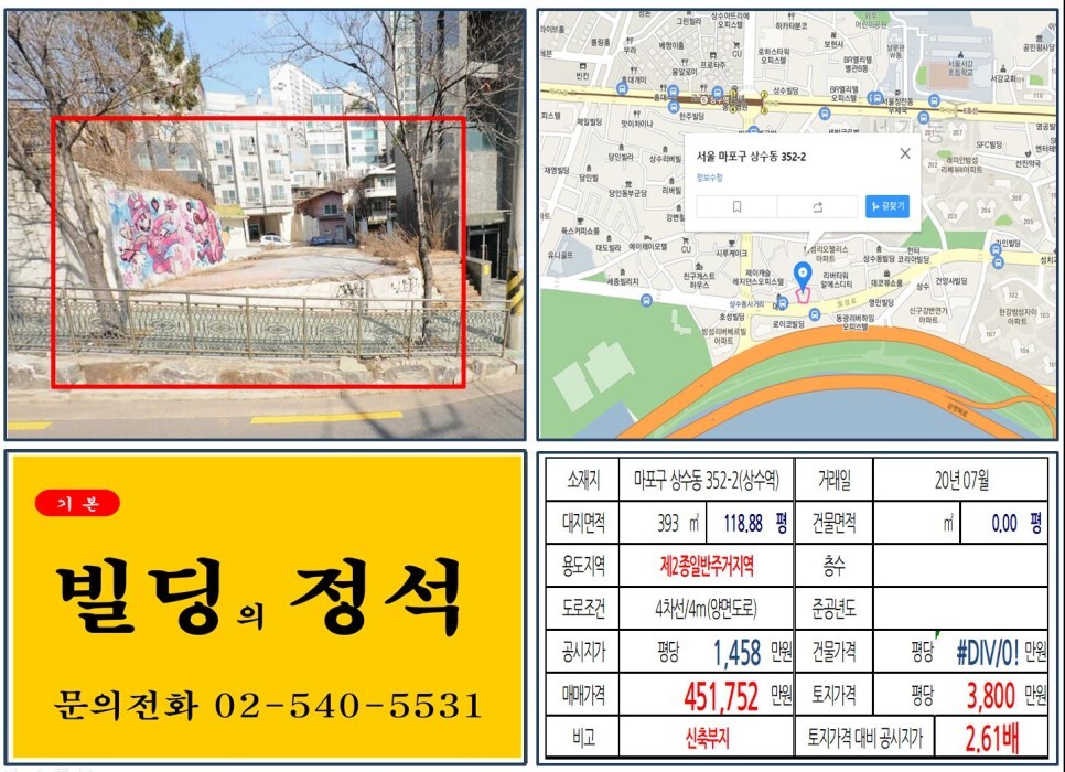  [마포구 토정로 40억 신축부지 실거래가 조회] 상수동 352-2 (상수역) 45억 1,752만 원, 평당 3,800만 원 매매되었습니다. 당인