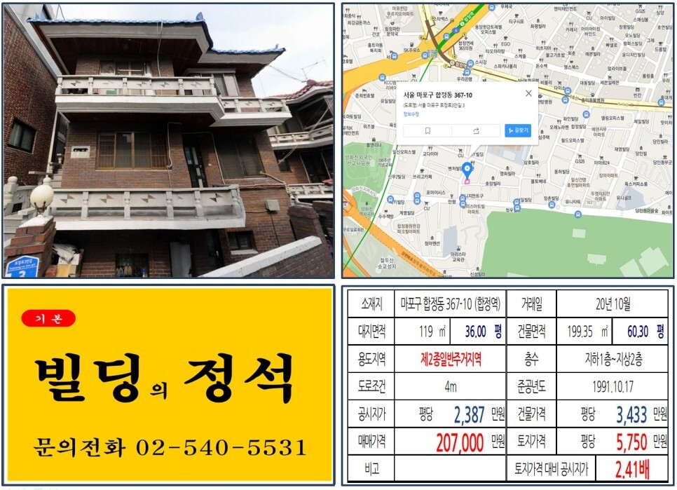  [마포구 당인리발전소 카페골목 20억 꼬마빌딩 실거래가 조회] 합정동 367-10 (합정역) 20.7억 원, 평당 5,750만 원 매매되었습니다. 절두산순교성지, 양화진선교공원