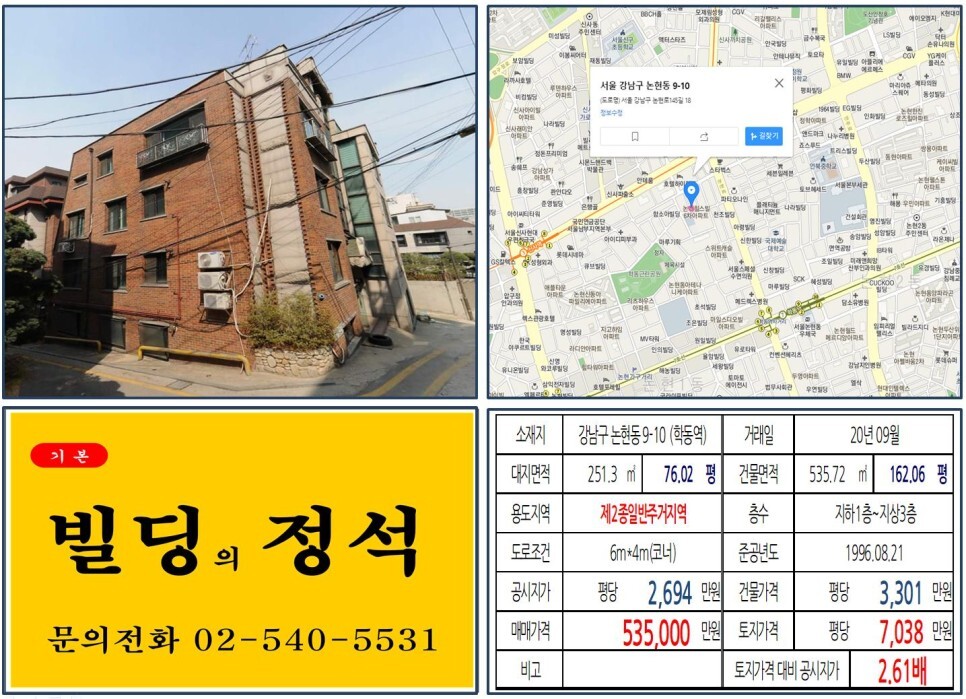  [강남구 학동공원 50억 꼬마빌딩 실거래가 조회] 논현동 9-10 (학동역) 53.5억 원, 평당 7,038만 원 매매되었습니다. 도산대로, 신사위례선, 을지병원 사거리
