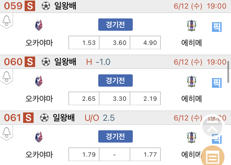 [진짜총판] 6월12일 오카야마 VS 에히메 축구분석