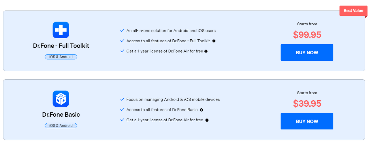 Wondershare Dr.Fone 13 의 가격 옵션들