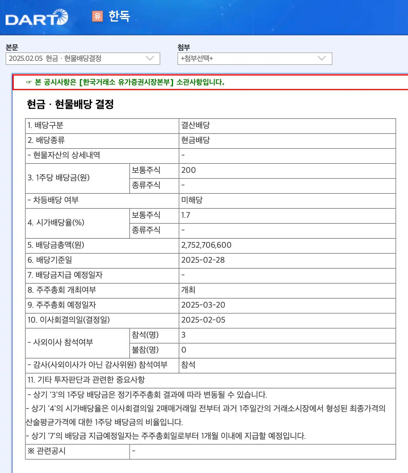 현금ㆍ현물배당 결정