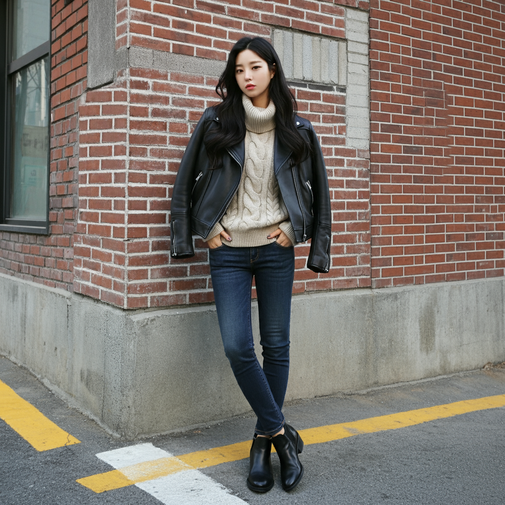 5도 옷차림, 가죽 재킷을 입은 여성