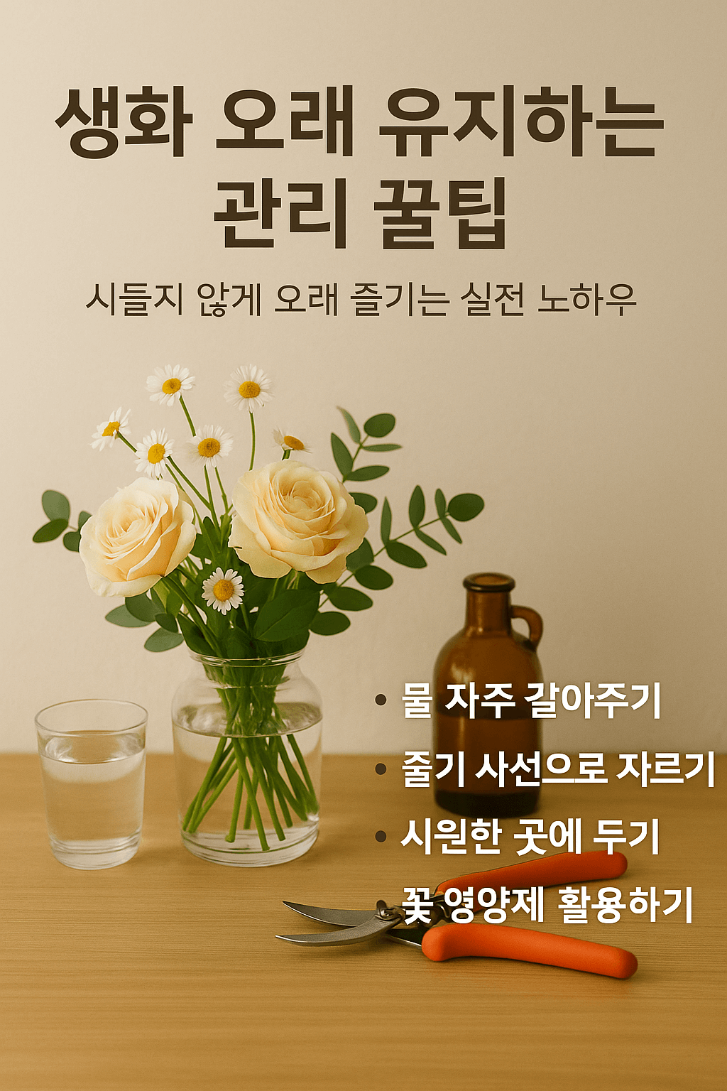 햇살이 들어오는 실내 테이블 위에 유리 화병에 담긴 생화 꽃다발이 놓여 있고, 옆에는 물컵, 꽃가위, 꽃 영양제 파우치, 플로럴 테이프 등이 정돈되어 있어 생화를 관리하는 분위기를 표현한 장면.