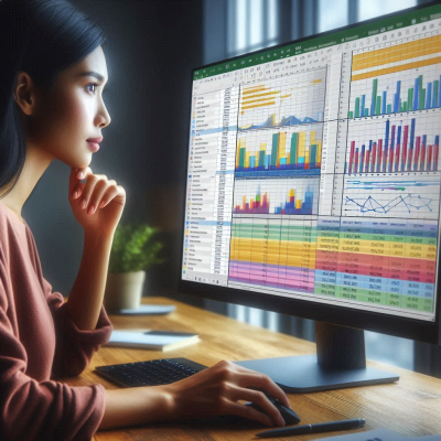 "미래 지향적인 데이터 분석 화면을 보는 모습입니다."