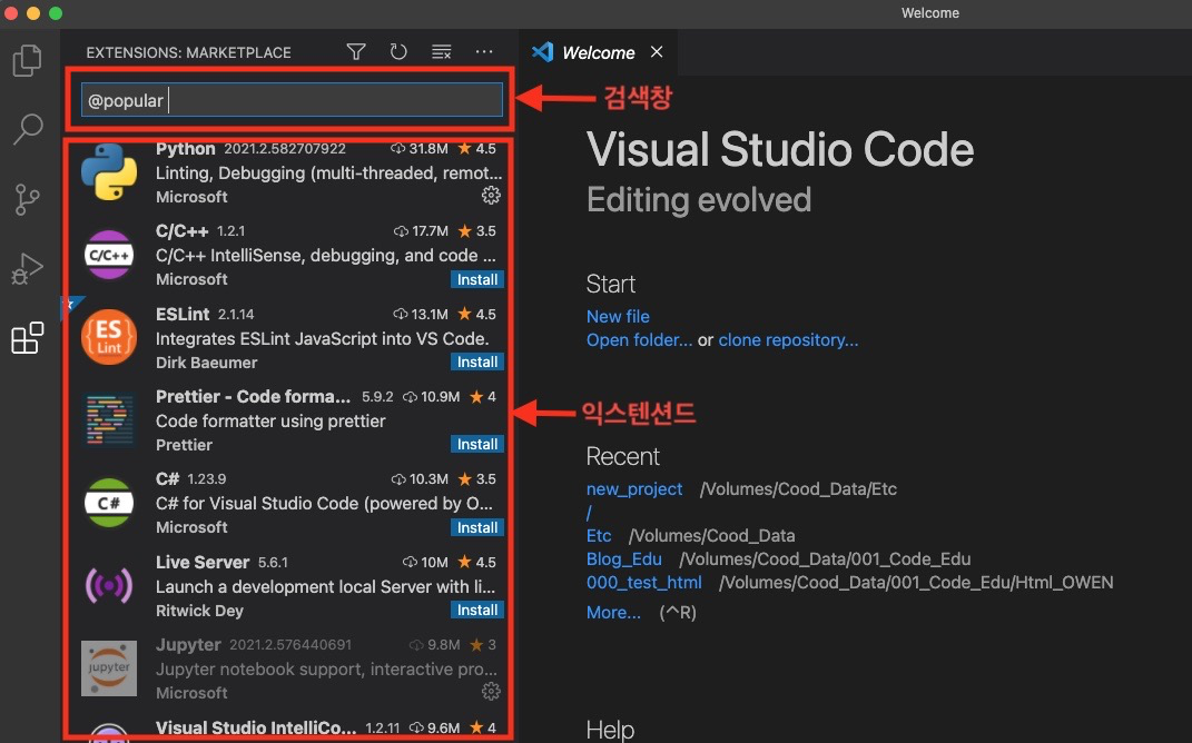  [코딩 배우기] Vscode 비주얼 스튜디오 코드 개발을 위한 익스텐션 추천 및 설치!!