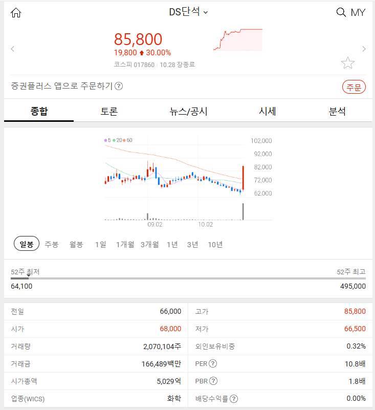 DS단석 (+30.00%) 2024년 10월 28일 주식 특징주 분석 주요 상승 요인 및 전망