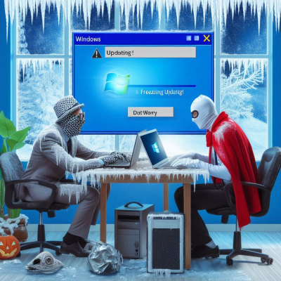 얼어붙은 사무실에서 윈도우를 업데이트 중인 사람들
