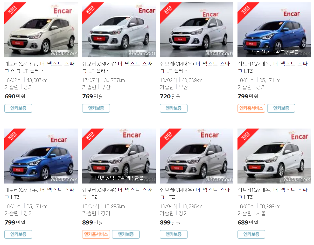 2015~2018년식 더 넥스트 스파크 중고차 가격