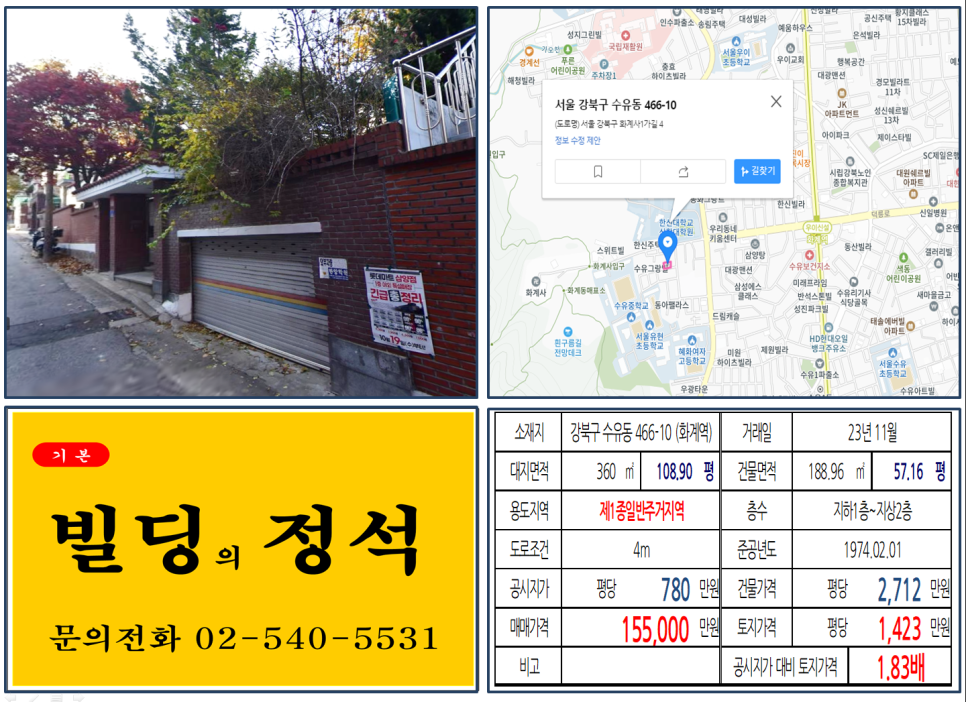  [강북구 수유동 한신대학교 앞 10억 꼬마빌딩 실거래가 조회] 수유동 466-10 (화계역) 15억 5,000만 원, 평당 1,423만 원 매매되었습니다.